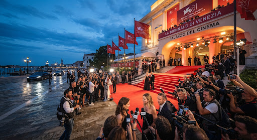A festival cinema entrance with a red carpet at twilight