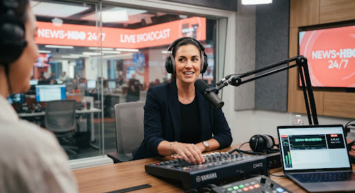 A radio host in headphones at a studio microphone