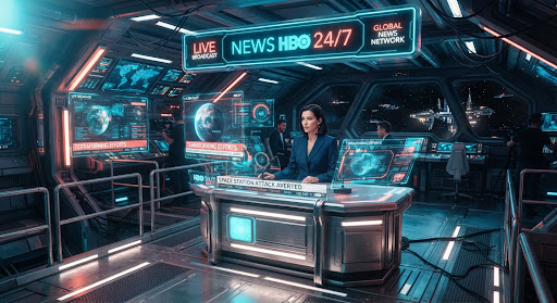 A futuristic spaceship set lit with neon cyan and coral