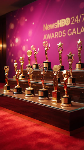 Golden trophy statues against a magenta backdrop