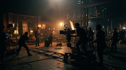 A dim film soundstage with warm key lights, a camera on a dolly and crew silhouettes
