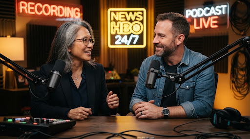 A director and a journalist talking at microphones in a podcast studio