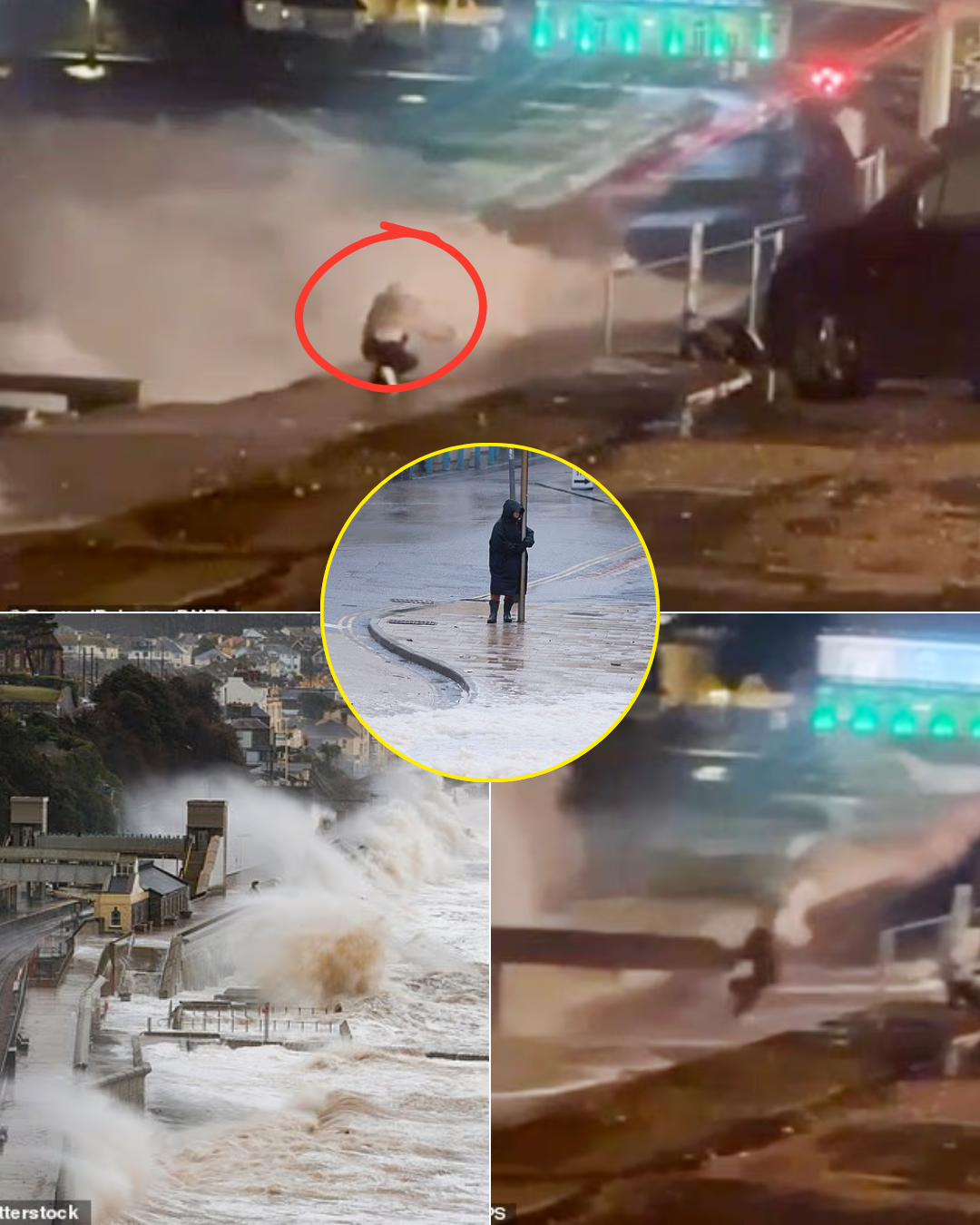 Moment t33nage girl is nearly swept out to sea taking a SELFIE on a harbour wall during Storm Ingrid as weather washes away historic pier and batters coast