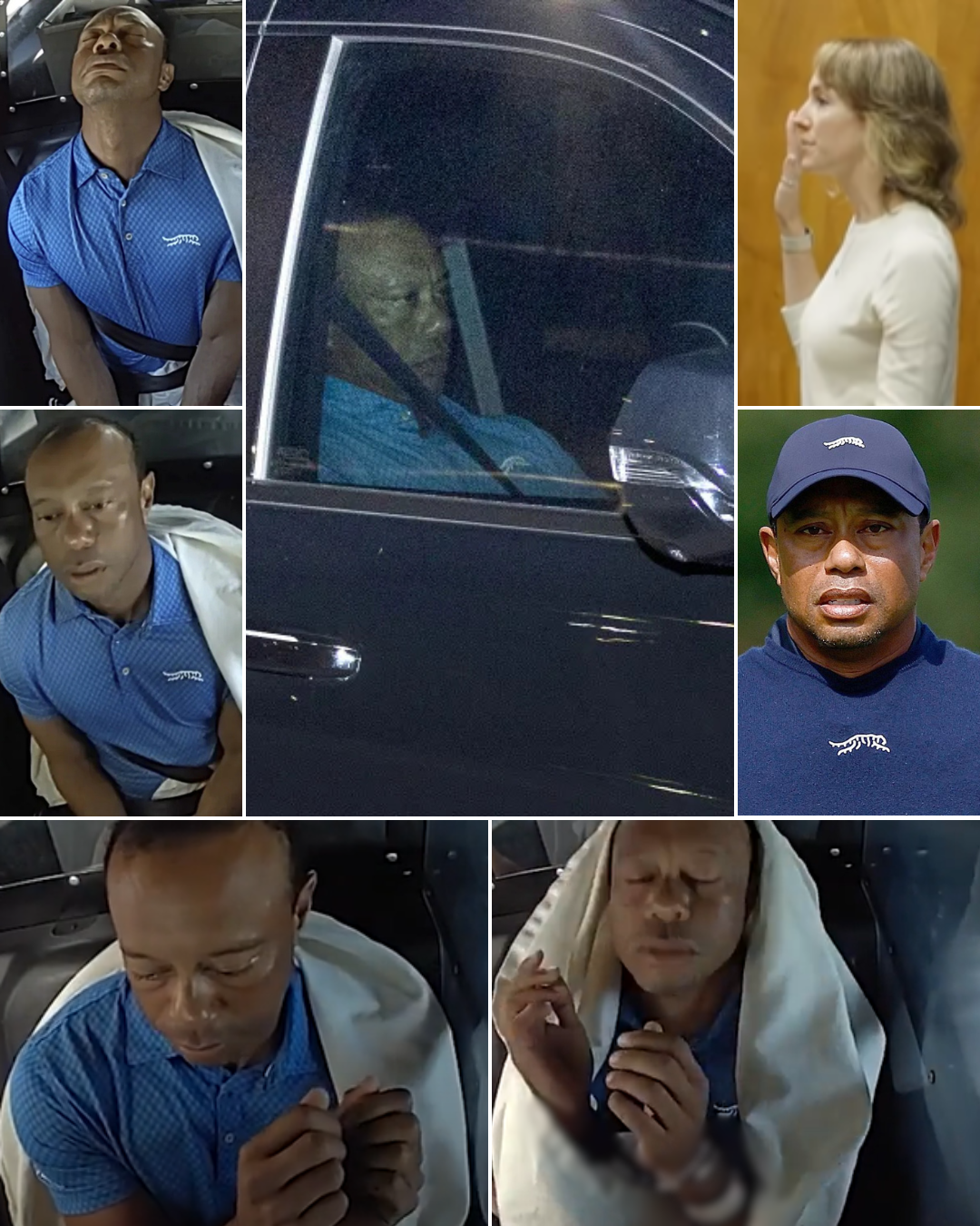 A 1-minute-07-second video shows Tiger Woods sitting inside a police car with a towel over his head, repeatedly making one unsettling movement