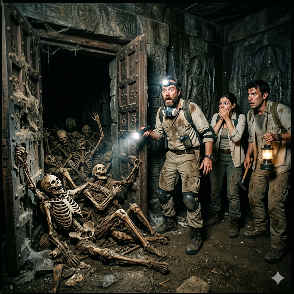 Excavating an 800-year-old tomb in the US: Archaeological team horrified to discover a chamber built of human bones and a monstrous entity on a stone throne. Scratches inside the stone door suggest an evil entity, sealed away to protect humanity, has been unleashed