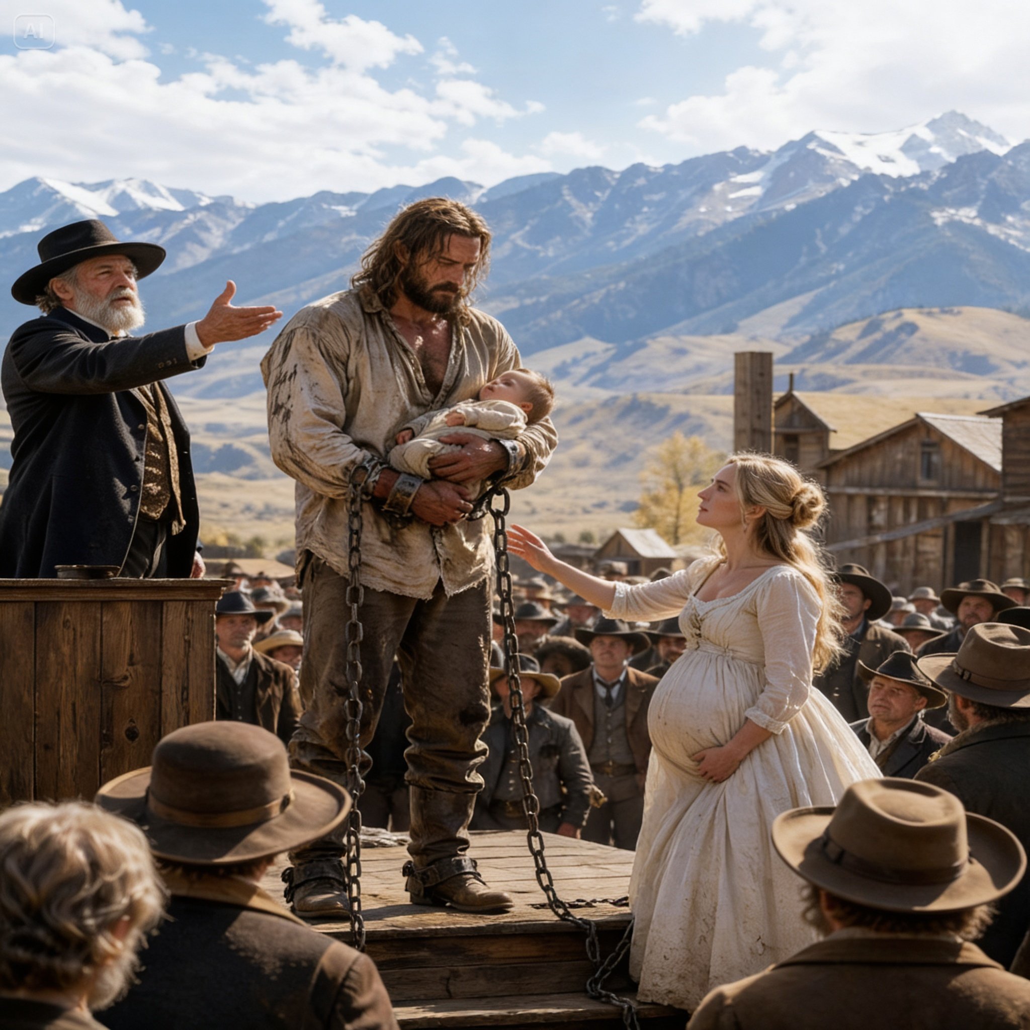 THEY AUCTIONED A SHACKLED MOUNTAIN MAN HOLDING A NEWBORN — THEN A PREGNANT WIDOW OUTBID THE MOST DANGEROUS MAN IN TOWN…