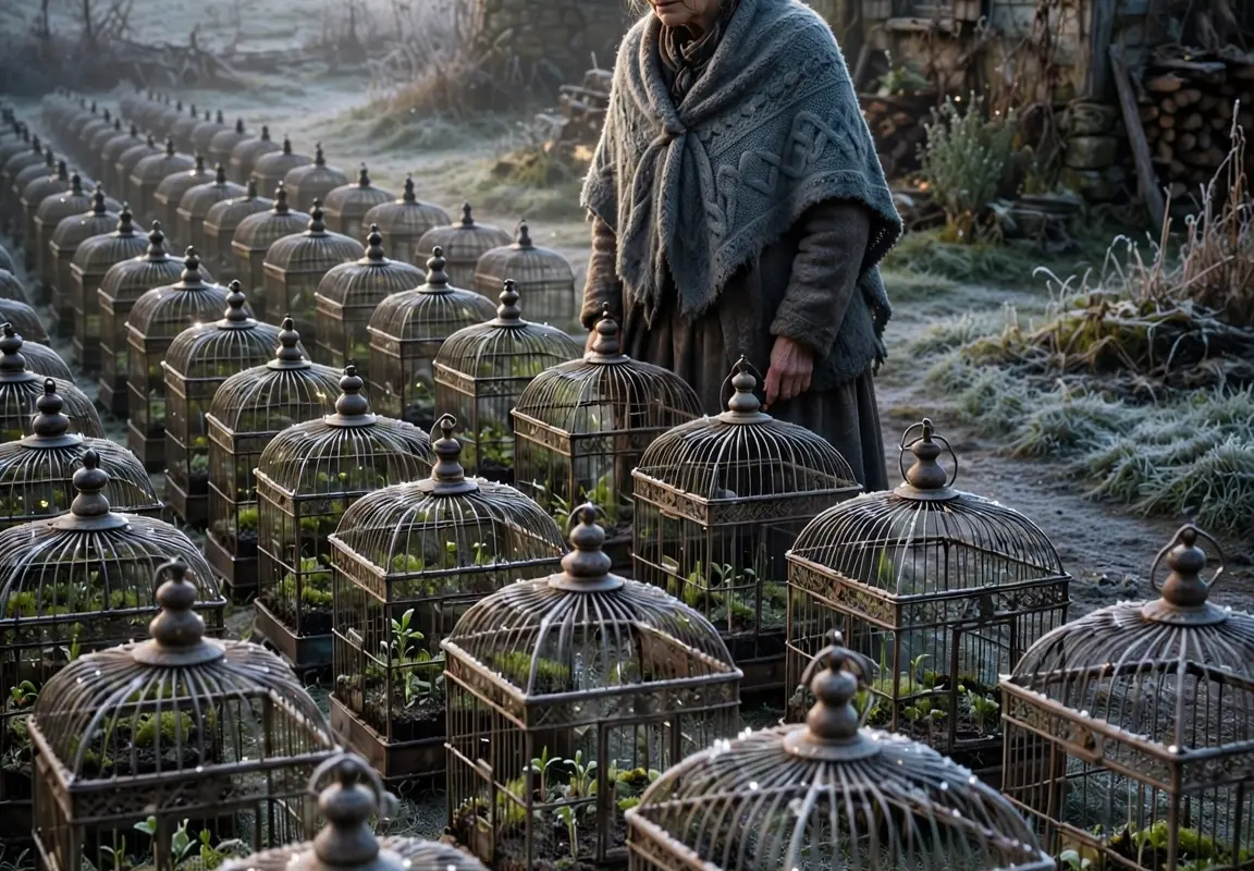 For seven straight months, the widow spent every dawn lining up empty birdcages behind her tiny house and filling each one with soil. The neighbors whispered that she had lost her mind—until the first hard frost of the following winter changed everything.