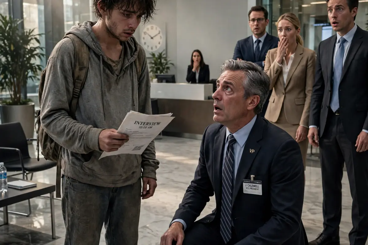Everyone laughed when I arrived 18 minutes late for my interview, covered in dr!ed bl00d and wearing torn, filthy clothes. They said I didn’t belong in the building—until the vice president recognized me, dropped to his knees, and left the entire company speechless.
