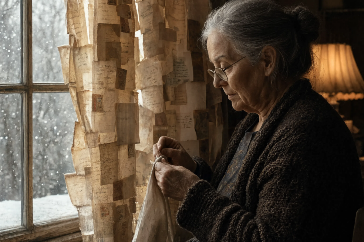 All winter long, the retired teacher searched the post office dumpsters for abandoned letters and old envelopes, carefully sewing them into the fabric behind her curtains. The whole town whispered that she had lost her mind—until unexpected visitors came the next fall and revealed the truth.