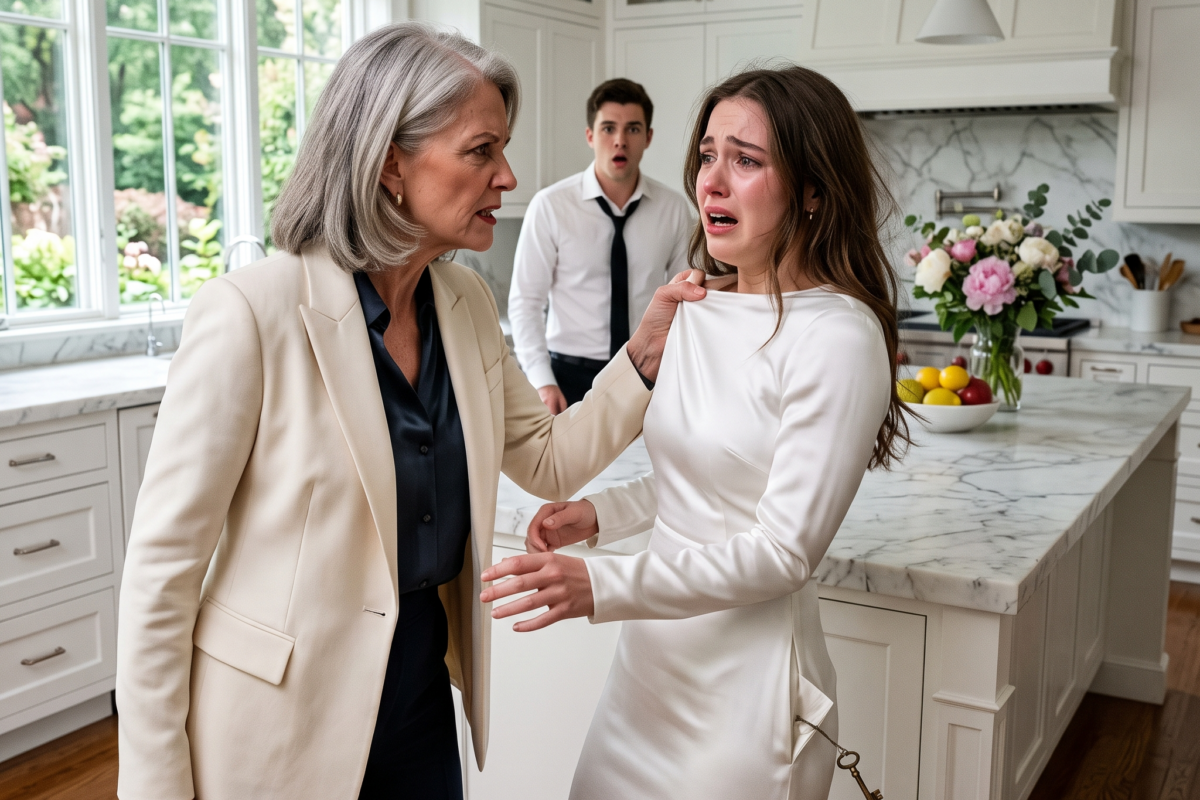 My mother-in-law ripped my dress in my own kitchen, shouting that everything belonged to her son. I didn’t say a word—I just recorded it. The next morning, they were both homeless.