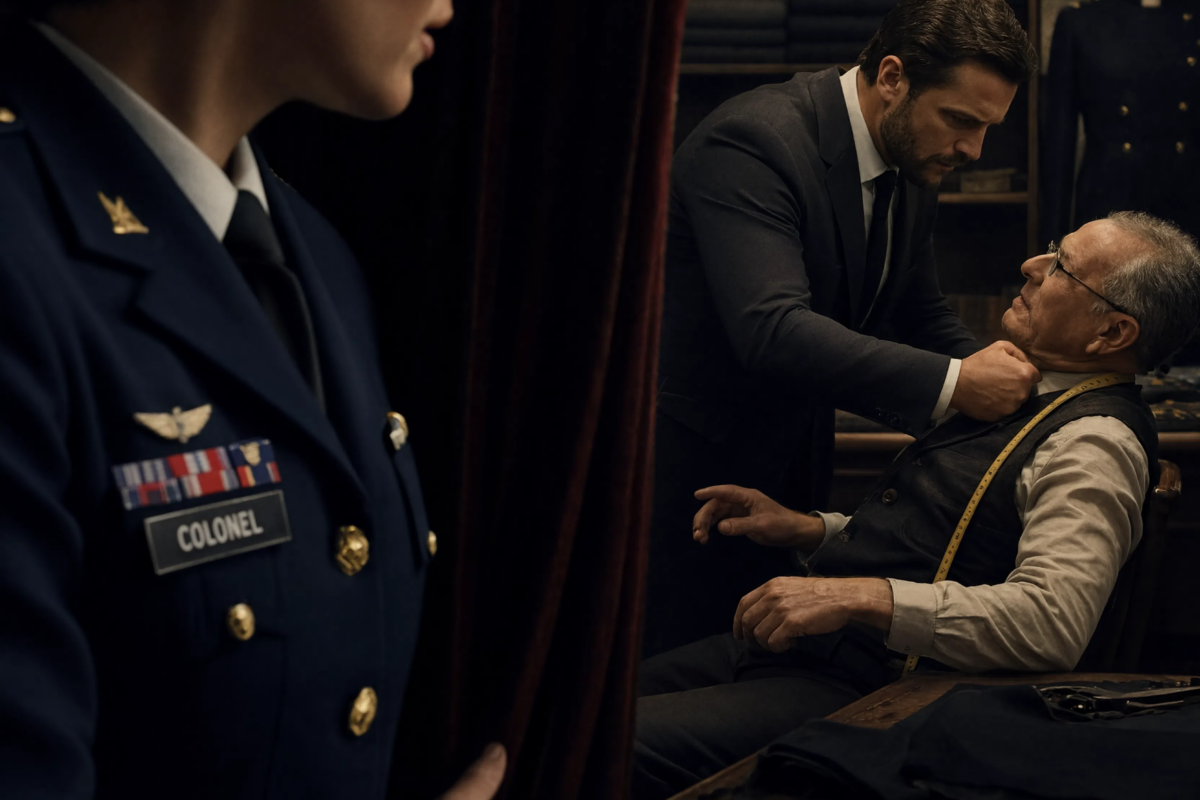 Before our military wedding, I stopped for one last uniform fitting. A retired Army sergeant suddenly pulled me into a fitting room and whispered, “Colonel, whatever you hear, don’t come out.” Seconds later, my fiancé walked in—and his first words shattered everything I believed.