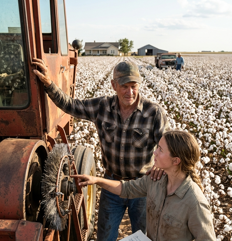 The Dealership Laughed at His Rusted Cotton Picker — Then His Niece Saved a $90,000 Harvest With One Homemade Brush