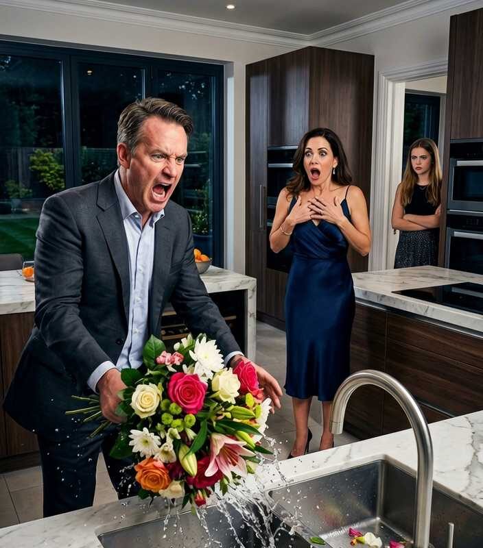 “Stop pretending you’re my wife!” James shouted, hurling my anniversary flowers into the sink. The roses hit the stainless steel with a wet slap, petals scattering like blood drops across the counter.