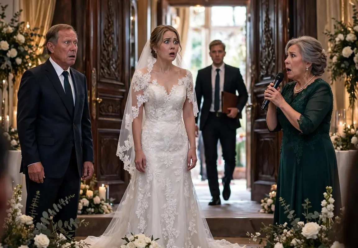 My mother snatched the microphone and declared, “My daughter isn’t worthy of this wedding dress!” while my father pointed at me before 400 stunned guests… then the doors suddenly opened