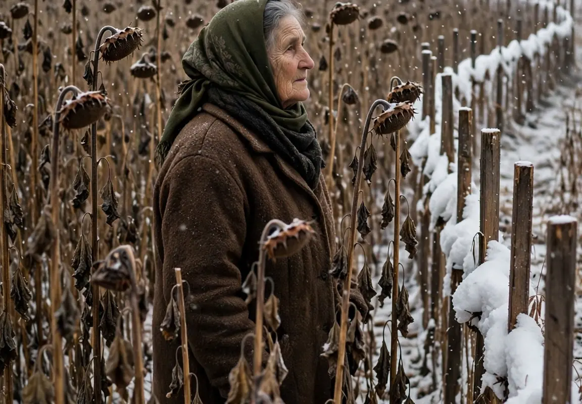 All summer long, an old woman quietly planted wooden posts around her sunflowers while the neighbors mocked her… then winter came, and the first falling snow revealed the brilliant reason behind it all