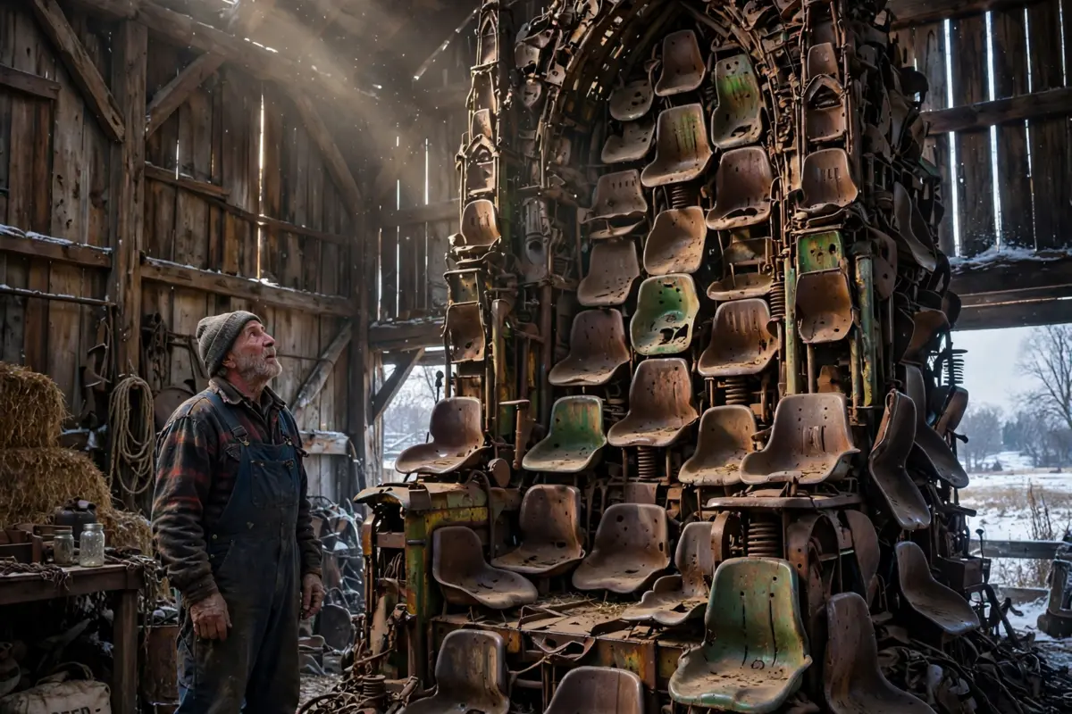 An elderly Iowa farmer spent the entire winter collecting hundreds of worn-out seats from broken tractors and combines, but on the final day of winter, he opened the locked barn and carried them all outside