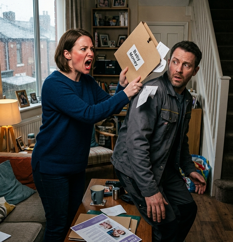 “Where is our baby money?” my wife screamed, striking the empty savings folder against my shoulder. “Tell me you didn’t give it to your mother again!”