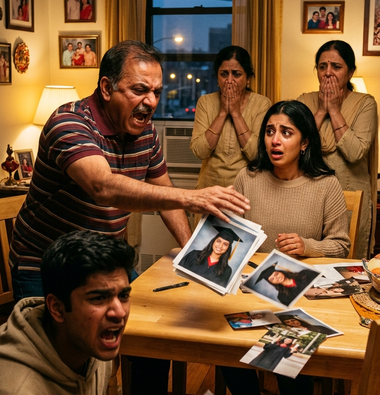 “We crossed an ocean so you could become someone!” My father’s voice cracked through the kitchen like a thunderclap, his hand sweeping across the table and sending my fake graduation photographs flying.