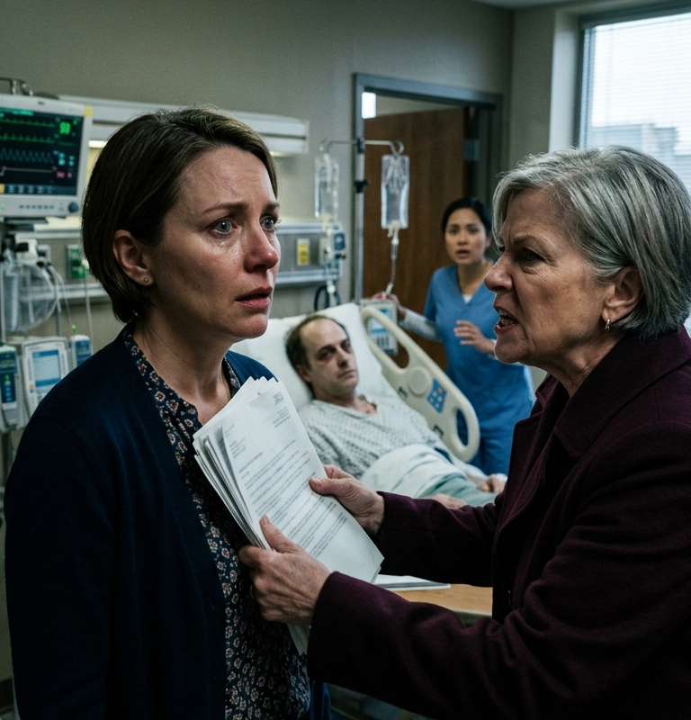 “Sign the divorce papers or I’ll make sure your children know you abandoned their dying father!” my mother-in-law screamed before slapping the hospital bill against my chest.