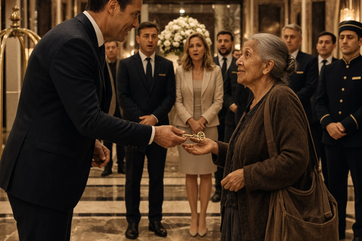 Hotel staff tried to stop an elderly woman from entering their five-star lobby, convinced she had wandered into the wrong place… but the manager suddenly arrived, stood respectfully before her, and handed her the key to the presidential suite