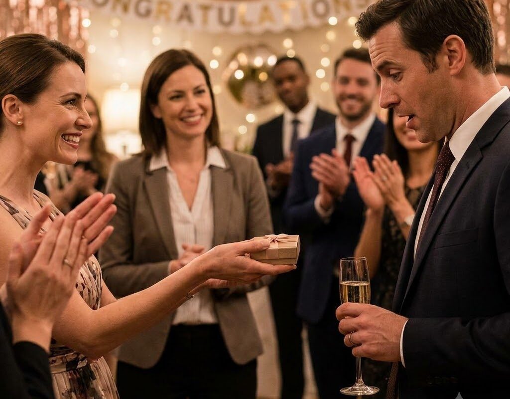 My husband raised his glass to thank “the woman who truly understands him,” while staring straight at his coworker… I smiled, applauded, and handed him a small box that changed everything
